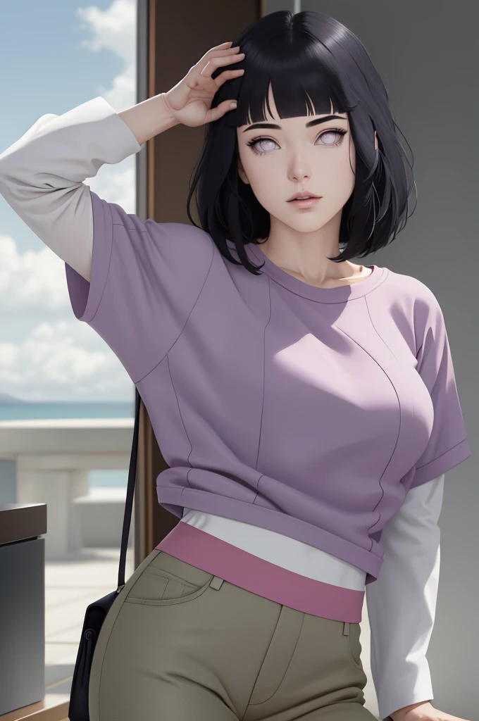 { - anatomy error} (Masterpiece - Ultra-detailed, very high resolution) , absurdos, Hinata\(Boruto\), 1girl, sozinho,Mature female, Capuz roxo,mangas em camadas, brown pants, ao ar livre, Cloudy sky, perfect composition, circunstanciado lips, peito grande, beautiful face, body propotion, corar, (pink lips), cabelos pretos curto (black hair), lilac eyes, olhar suave, super realistic, circunstanciado, rosto e corpo realistas, Realistic hair, olhos realistas, nariz realista, realistic lips, brown pants, anime, reading, writing, dynamic poses, closed mouth. Different Pose.