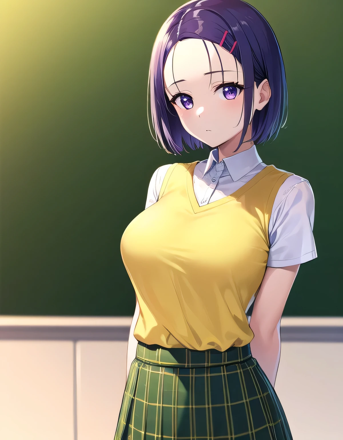 Haruna Sairenji, hair ornaments, hair clip, (purple eyes:1.1), purple hair, short hair, flowing bangs, (amount:1.2),green skirt, Plaid, Plaid skirt, Sainan High School , , skirt, sweater vest, (yellow sweater:1.3), short sleeve,(big breasts:1.5),looking at the viewer,Are standing,(((masterpiece))),((highest quality)),perfect anatomy,8K UHD,highly detailed face,luster and luster,((1 girl)),((alone)),beautiful and fine eyes,perfect image,(Upper body:1.1),(look ahead:1.1),turn your arms behind your back,slim waist,(shiny hair),super detailed,disorganized,