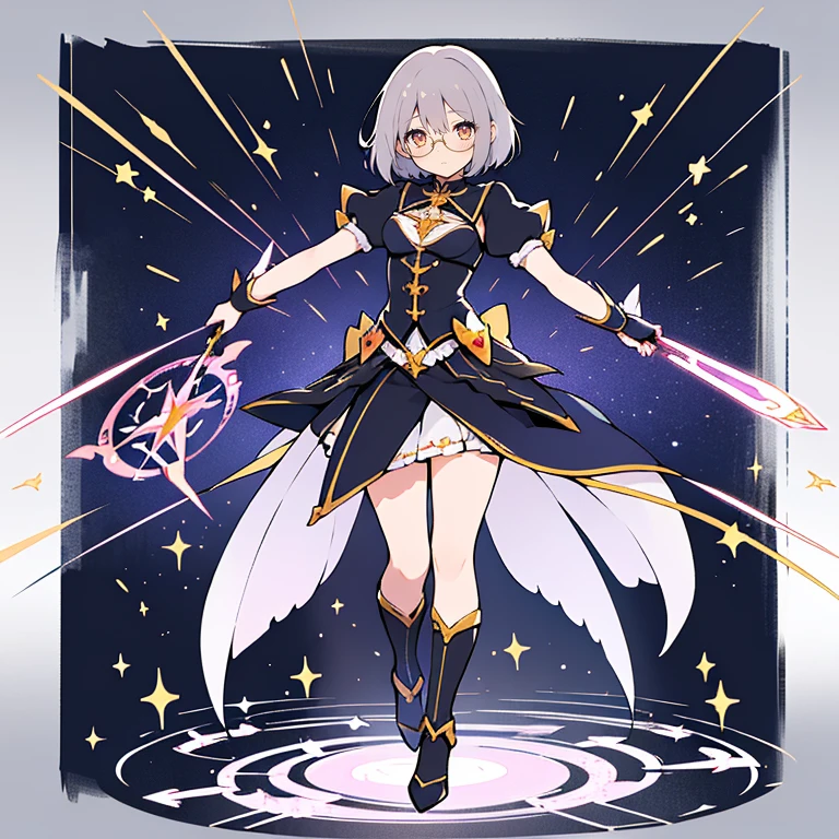 portrait, long hair, gray hair, golden eyes,  1 girl, head, face, Magical girl, disorganized, masterpiece, highest quality, Magical girl costume, ((Mahou Shoujo)), short hair, desolation, Remains, dynamic pose, Apocalypse, spell casting, style glasses, full body shot