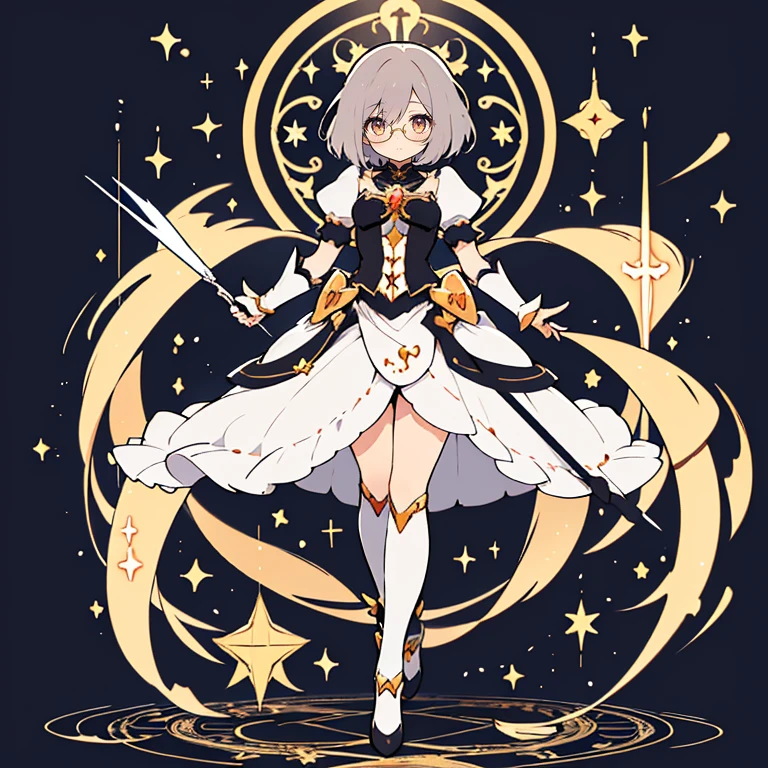 portrait, long hair, gray hair, golden eyes, 1 girl, head, face, Magical girl, disorganized, masterpiece, highest quality, Magical girl costume, ((Mahou Shoujo)), short hair, desolation, Remains, dynamic pose, Apocalypse, spell casting, style glasses, full body shot