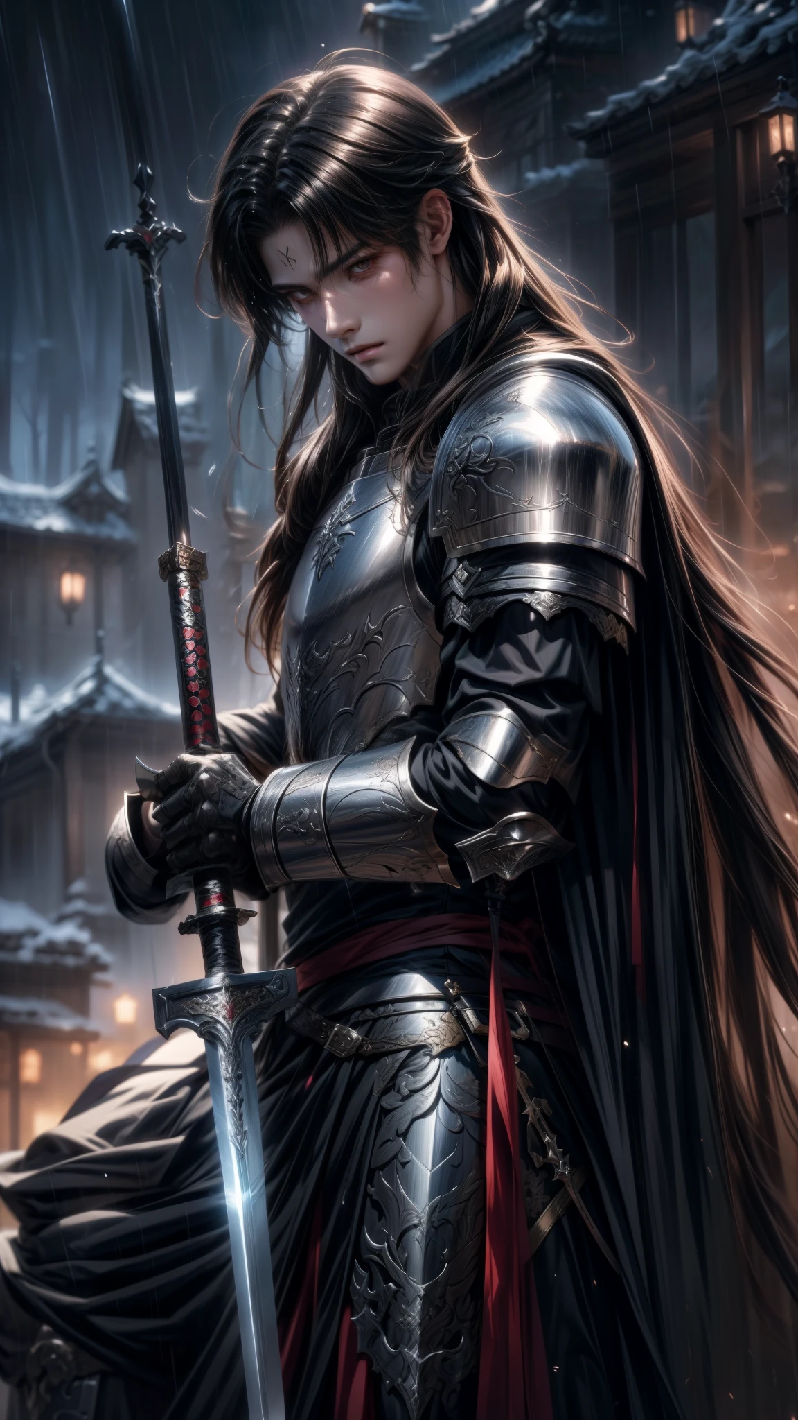 a close up of a man long hair in armor holding a sword when it rains , handsome guy in demon slayer art, badass anime 8 k, gothic knight, 4k anime wallpaper, highly detailed exquisite fanart, 4 k manga wallpaper, epic fantasy art style, by Yang J, berserk art style, anime art wallpaper 4 k, anime art wallpaper 4k, detailed digital anime art