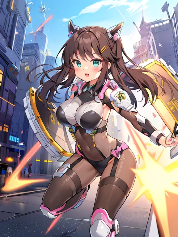 Extreme detail,masterpiece,futuristic city,girl with (energy shield):1.3,tight-fitting bodysuit,protecting herself from danger,using shield in battle,futuristic buildings,flying cars,shield growing brighter,repelling invader