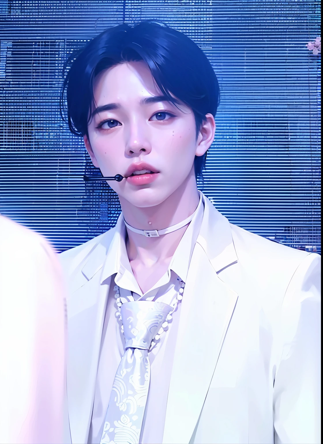 (best quality,ultra-detailed, highres,masterpiece:1.2),portrait,asian man with white shirt and tie, Jimin,plump lips, Kim Doyoung, Park Jimin-inspired aesthetic, swollen right eyelid of Jimin, Greek nose of Jimin, inspired by Bian Shoumin, elongated neck, vivid colors,soft lighting.