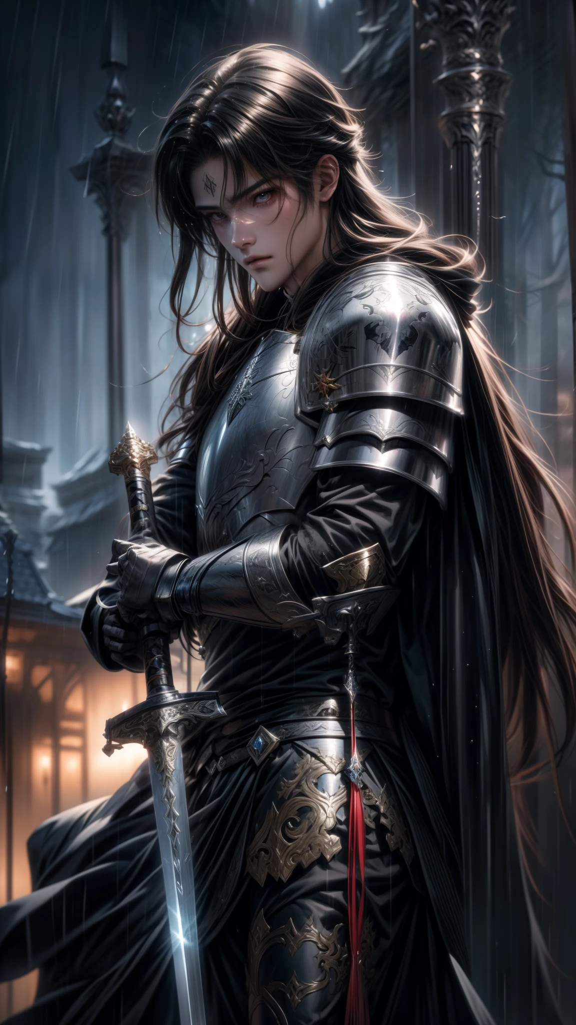 a close up of a man long hair in armor holding a sword when it rains , handsome guy in demon slayer art, badass anime 8 k, gothic knight, 4k anime wallpaper, highly detailed exquisite fanart, 4 k manga wallpaper, epic fantasy art style, by Yang J, berserk art style, anime art wallpaper 4 k, anime art wallpaper 4k, detailed digital anime art