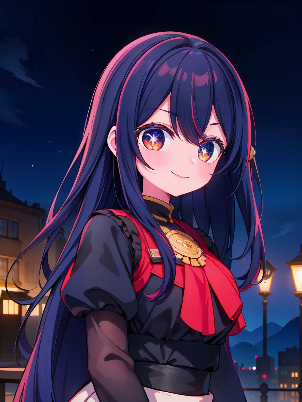 three girls and a boy are standing in front of a night sky, girls frontline universe, guweiz on pixiv artstation, girls frontline cg, 4 k manga wallpaper, artwork in the style of guweiz, best anime 4k konachan wallpaper, kantai collection style, guweiz on artstation pixiv, guweiz, girls frontline style(masterpiece), best quality, expressive eyes, perfect face,a girl smiles towards the camera in a wonderful sunny day. her smile is cheerful but contained and reserved, Victorian era posing in front of a period building, night, street lights, people along the road, horse-drawn carriages, romantic atmosphere, sky with various nocturnal colors and stars.
