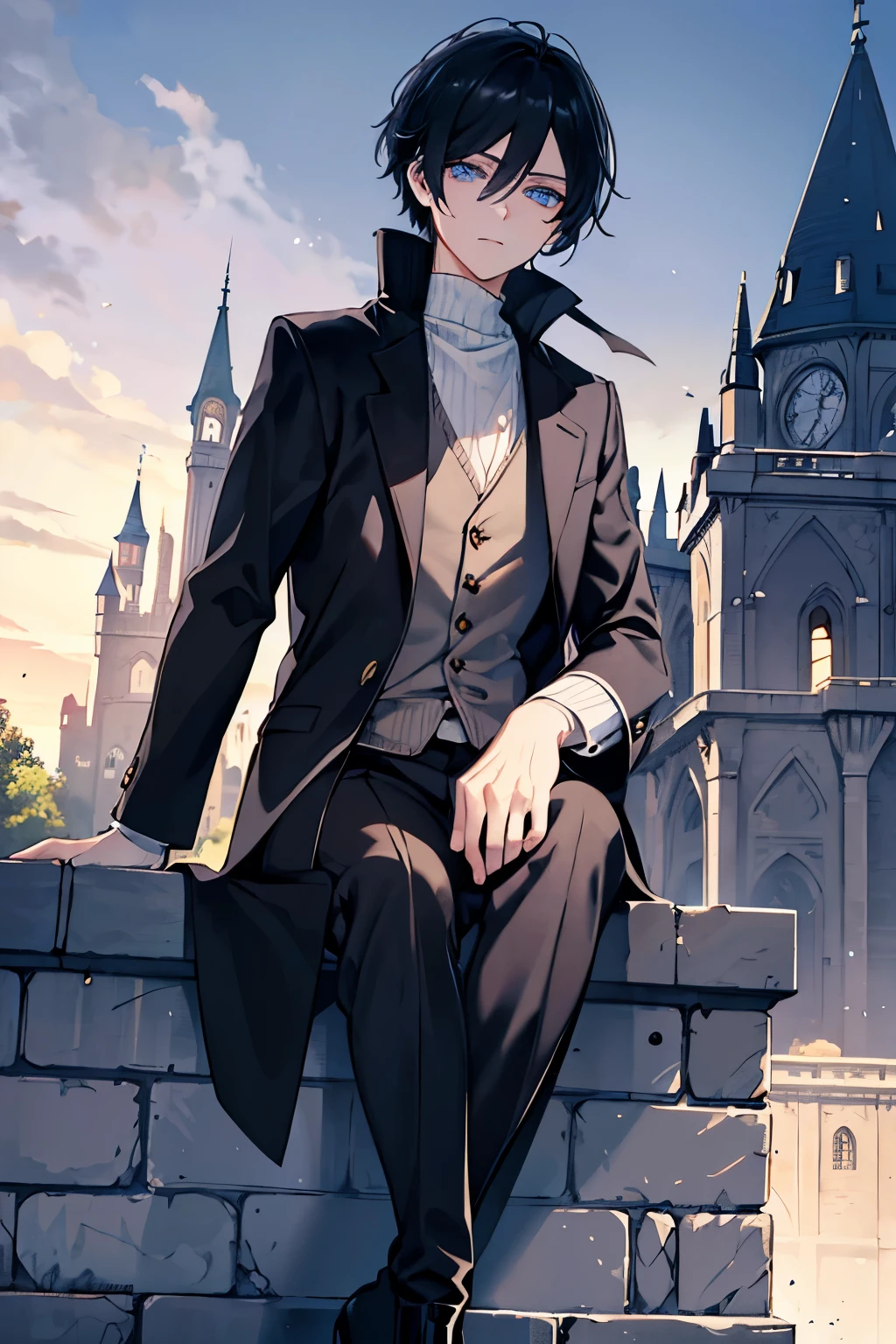 male　black hair　blue eyes　sweater　Check slacks　vest　Knee-high boots　despise　Castle　stage　flower bed　Walk through the castle town　masterpiece　Highest image quality　noise removal　clear parts 　cinematic shadow　Increased attractiveness of the eyes　clear parts the shine of the eyes　Draw eyelashes neatly　perfect eyes　detailed eyes　Sharpen image quality　Sharpen eye writing　clear parts eye shape