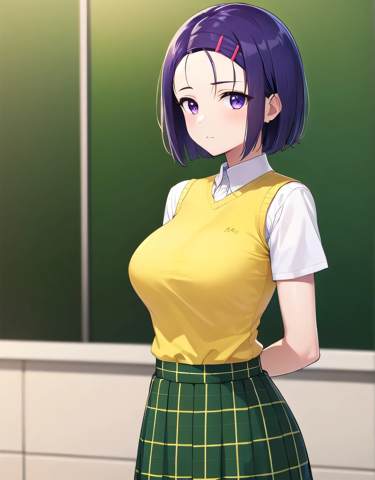 Haruna Sairenji, hair ornaments, hair clip, (purple eyes:1.1), purple hair, short hair, flowing bangs, (amount:1.2),green skirt, Plaid, Plaid skirt, Sainan High School , skirt, sweater vest, (yellow sweater:1.3), short sleeve,(big breasts:1.5),looking at the viewer,Are standing,(((masterpiece))),((highest quality)),perfect anatomy,8K UHD,highly detailed face,luster and luster,((1 girl)),((alone)),beautiful and fine eyes,perfect image,(Upper body:1.1),(look ahead:1.1),turn your arms behind your back,slim waist,(shiny hair),super detailed,disorganized,