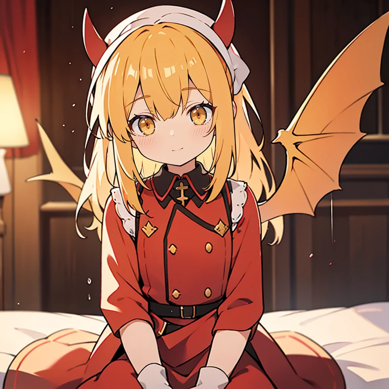 Oriental Project, Flanders Scarlet sitting on bed in JK uniform, Hands folded at the waist, bright yellow hair, warm lighting, blurred foreground, cute, change, anime, 4K, With Devil's Wings, shower cap, masterpiece, Upper body