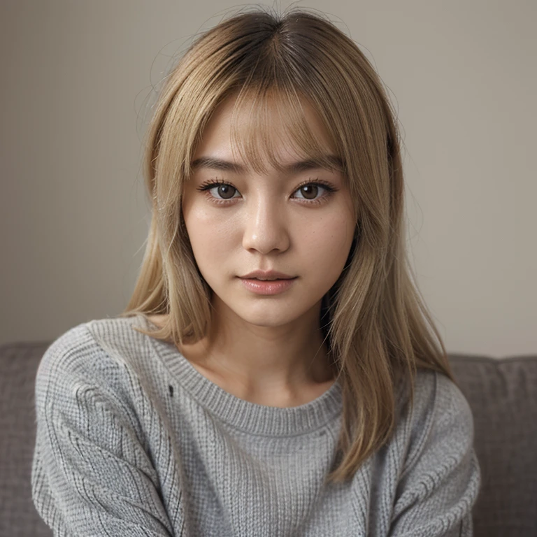 21 year old girl, asian, beautiful, cute, ultrarealistic, medium hair, blond hair, high quality, butterfly cut, grey sweater