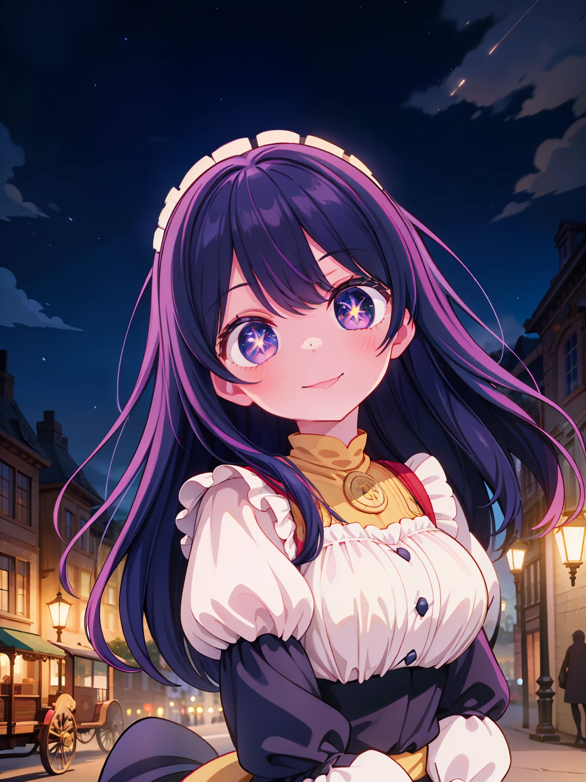 (masterpiece), best quality, expressive eyes, perfect face,a girl smiles towards the camera in a wonderful sunny day. her smile is cheerful but contained and reserved, Victorian era posing in front of a period building, night, street lights, people along the road, horse-drawn carriages, romantic atmosphere, sky with various nocturnal colors and stars.