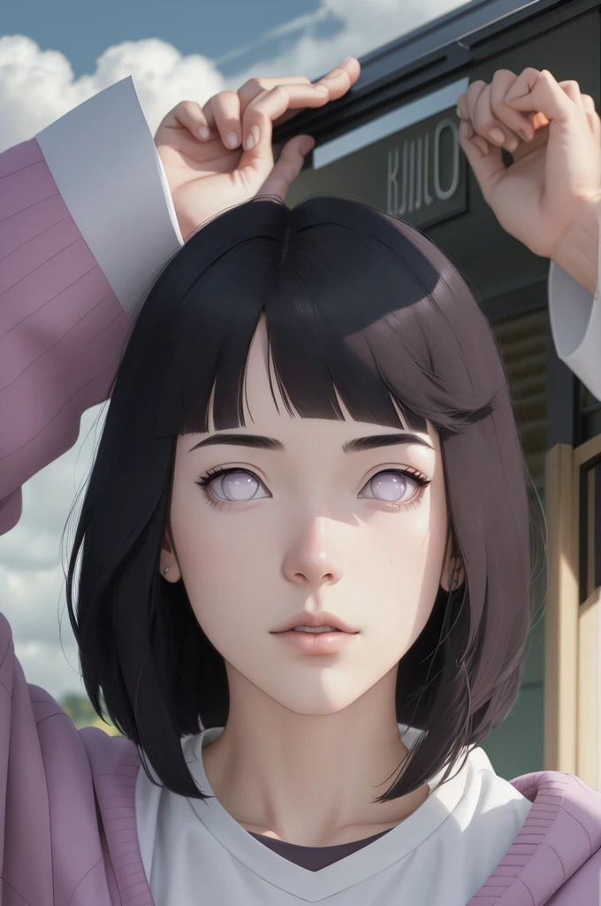 { - anatomy error} (Masterpiece - Ultra-detailed, very high resolution) , absurdos, Hinata\(Boruto\), 1girl, sozinho,Mature female, Capuz roxo,mangas em camadas, brown pants, ao ar livre, Cloudy sky, perfect composition, circunstanciado lips, peito grande, beautiful face, body propotion, corar, (pink lips), cabelos pretos curto (black hair), lilac eyes, olhar suave, super realistic, circunstanciado, rosto e corpo realistas, Realistic hair, olhos realistas, nariz realista, realistic lips, brown pants, anime, reading, writing, dynamic poses, closed mouth. Different Pose.