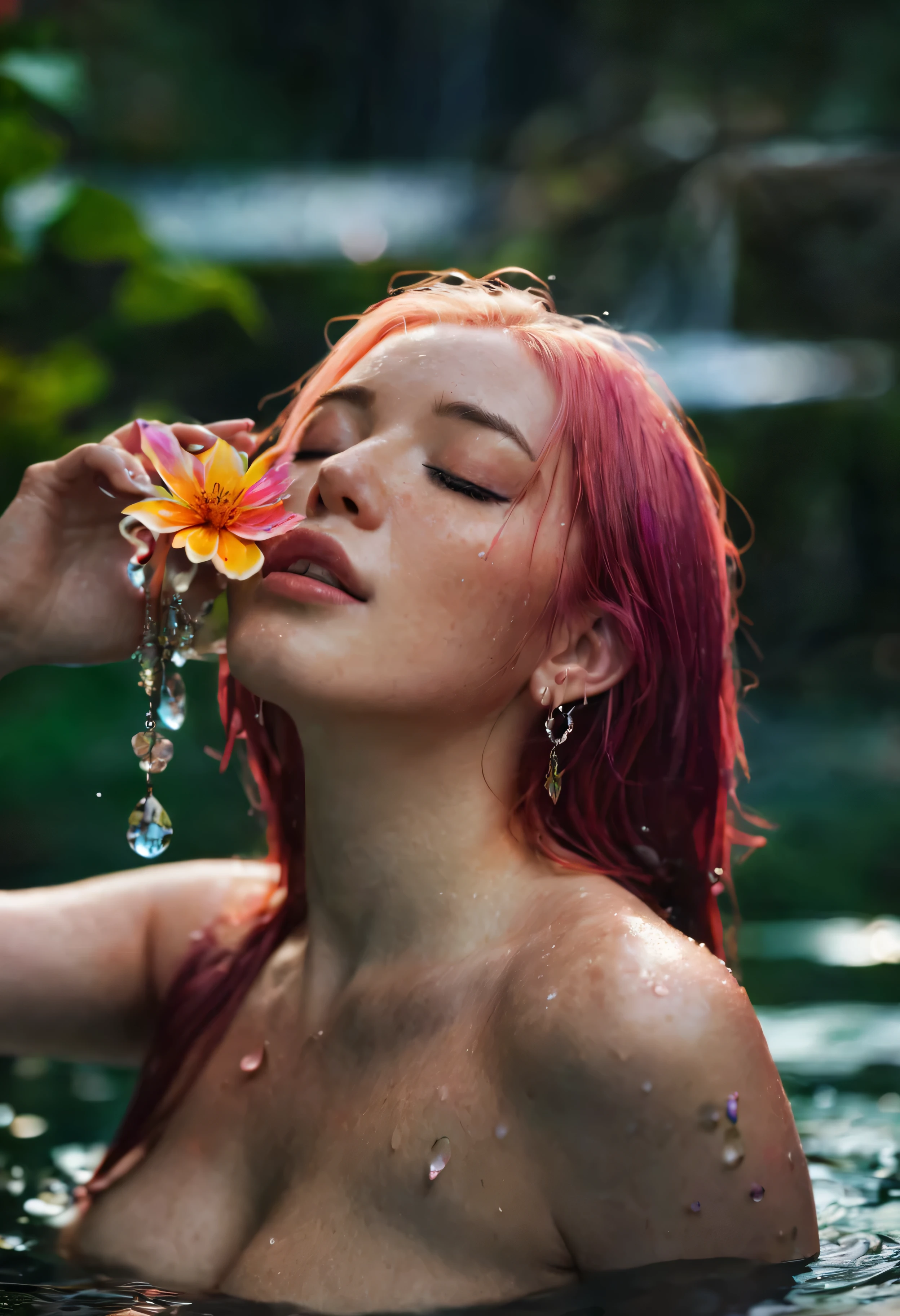 MsPuiYi, 1girl, solo, long hair, breasts, holding, jewelry, closed eyes, pink hair, flower, nude, earrings, water, blurry, lips, wet, blurry background, partially submerged, freckles, realistic, holding flower, bathing