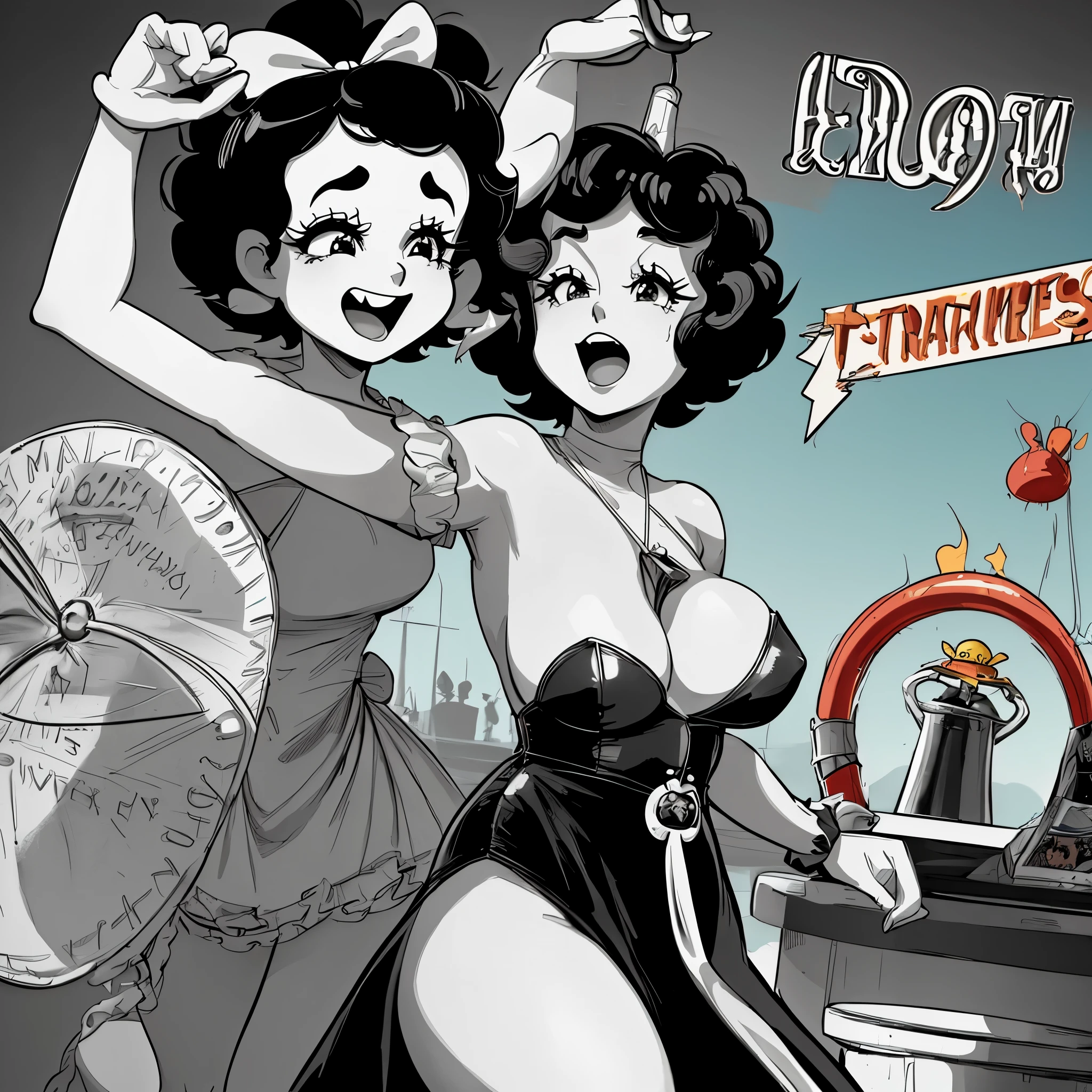 (disney character steamboat willy,historical,time capsule:1.1), (bar,1920s,retro:1.1), (animated show,classic:1.1), (hooping,hollering,energetic), (scantily clad betty boop,feminine,charming),detailed face expression, (vivid colors,high contrast)