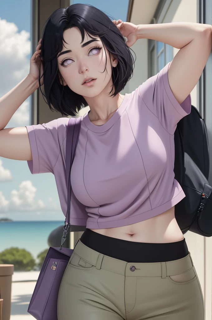 { - anatomy error} (Masterpiece - Ultra-detailed, very high resolution) , absurdos, Hinata\(Boruto\), 1girl, sozinho,Mature female, Capuz roxo,mangas em camadas, brown pants, ao ar livre, Cloudy sky, perfect composition, circunstanciado lips, peito grande, beautiful face, body propotion, corar, (pink lips), cabelos pretos curto (black hair), lilac eyes, olhar suave, super realistic, circunstanciado, rosto e corpo realistas, Realistic hair, olhos realistas, nariz realista, realistic lips, brown pants, anime, reading, writing, dynamic poses, closed mouth. Different Pose.