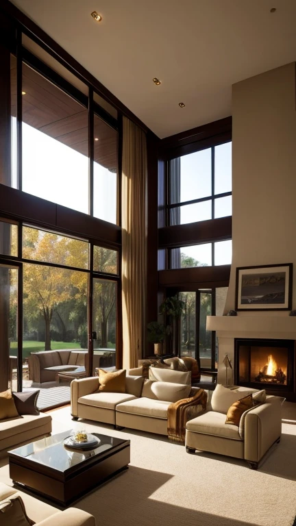 Cozy exquisite  lounge with beige sofas, a huge fireplace and floor-to-ceiling windows and very rich-looking room