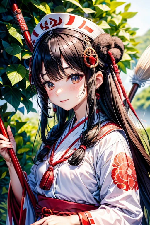 queen of the ainu、cute、Ainu pattern clothes、white and red clothes、Ainu pattern、has a spear