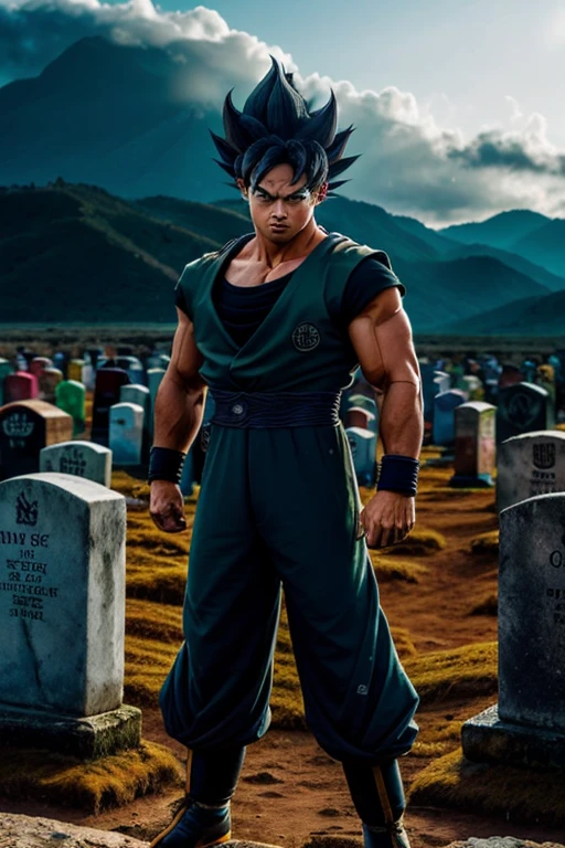 (Piel muy detallada:1.2), grave, mirando al espectador, black spiked hair, ojos negros, armadura, guantes blancos, foto cruda, Goku, 1 chico, small details, fotorrealista, Foto ultrarrealista, 8k UHD, digital slr camera, Soft lighting, alta calidad, film grain, ((obra maestra)), 8k, HDR, muy detallado, profesional, ojos realistas, vista de torso completo por debajo de la cintura, cambiar fondo. place in mountain