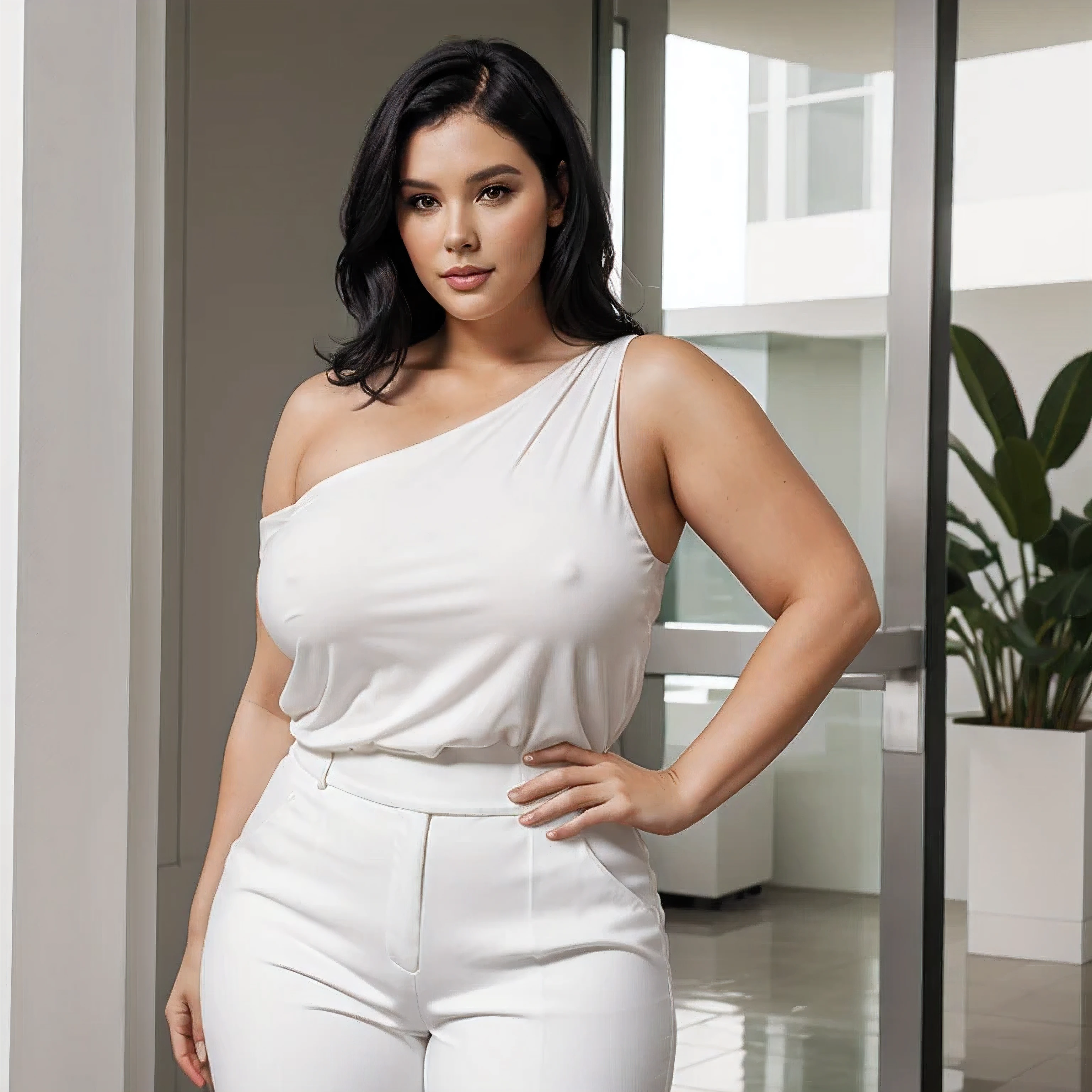 35 years old woman, plus size model, she has shoulder-length black hair, white elegant pants