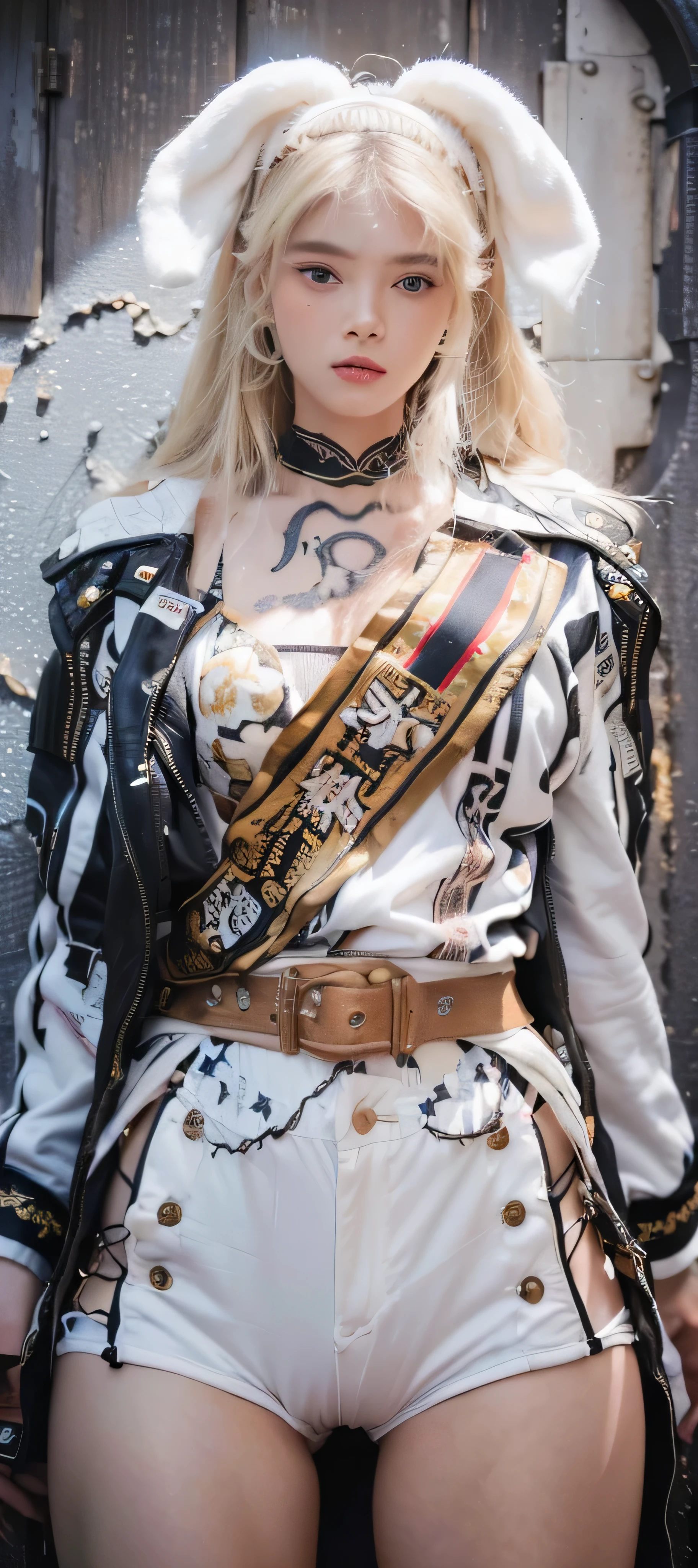 (RAW photo:1.2), ((photorealistic:1.4),(masterpiece:1.3),(best quality:1.4),ultra high res,(detailed facial features),(detailed clothes features),HDR,8k resolution, 1 girl, blush, blonde hair, 8k, ultra high details, perfect nose, sexy bikini, rabbit earsband, cinematic lighting, perfect body, tattoos on body