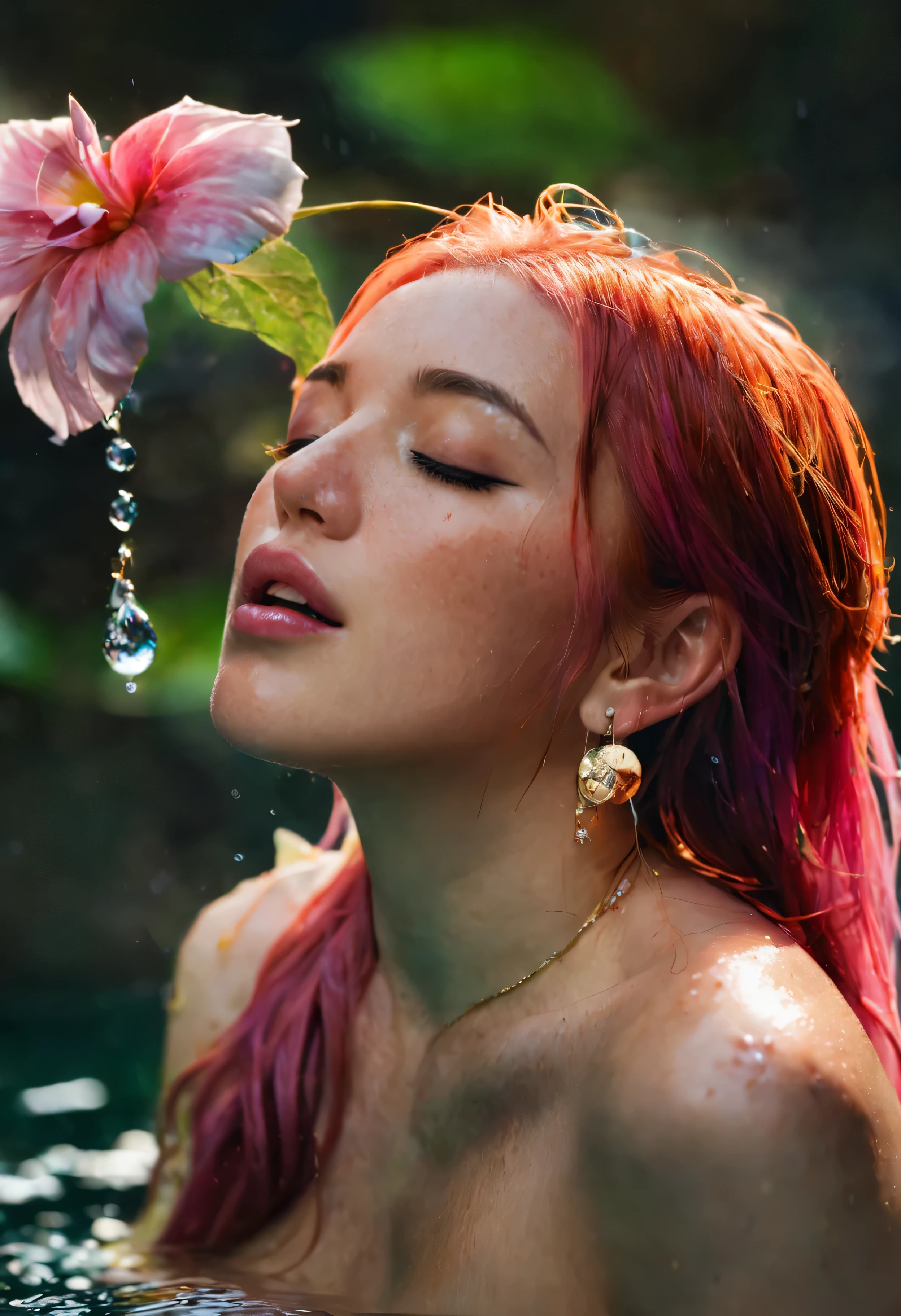 MsPuiYi, 1girl, solo, long hair, breasts, holding, jewelry, closed eyes, pink hair, flower, nude, earrings, water, blurry, lips, wet, blurry background, partially submerged, freckles, realistic, holding flower, bathing