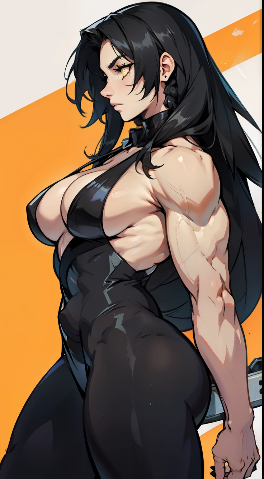 sad pale muscular girl large breasts hair very long hair black hair yellow eyes very long hair
