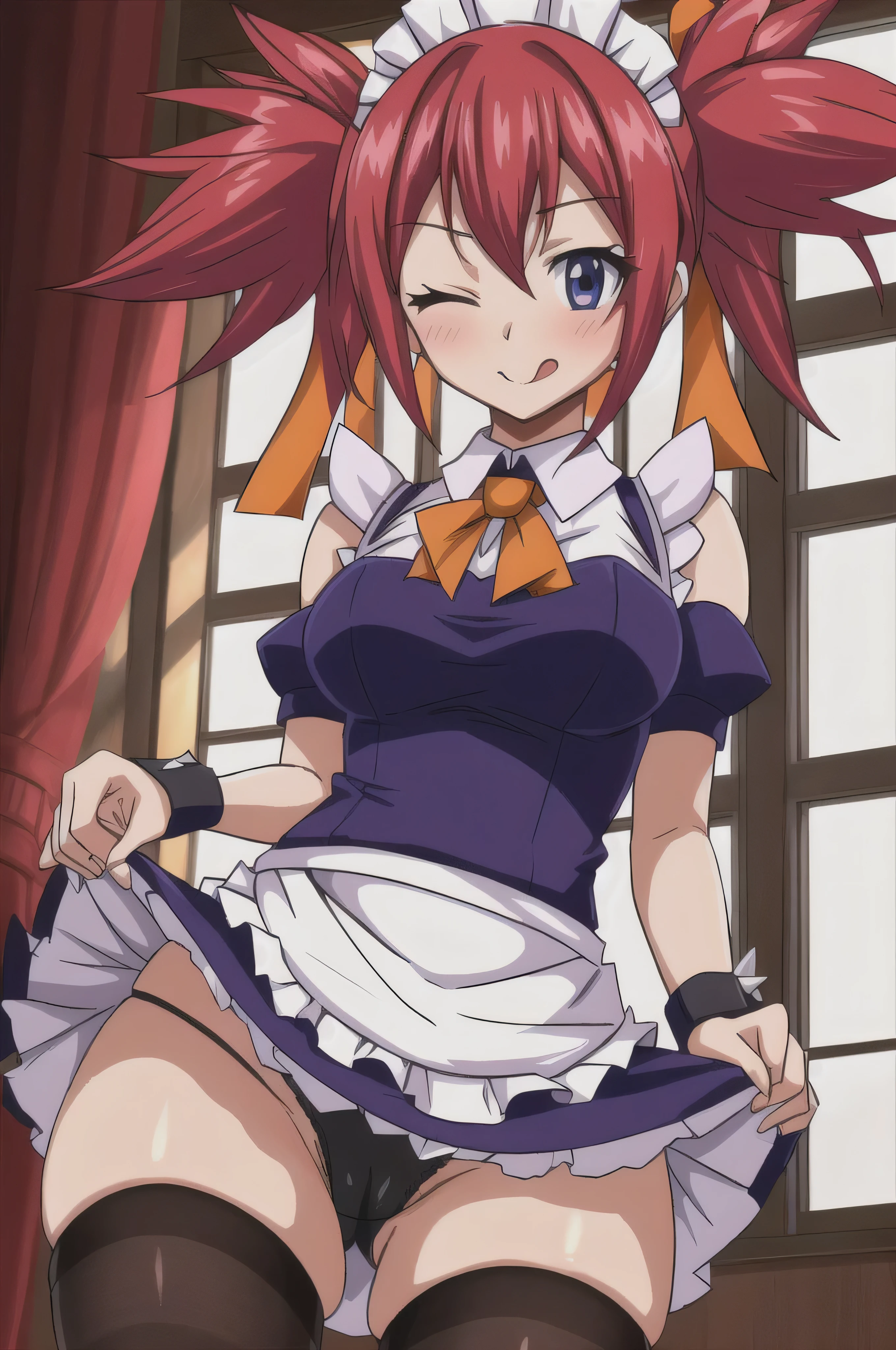 (((sherria))), fairy tail, anime art style, 1girl, solo, dressed, looking at viewer, maid outfit, hair_ribbon, blushing, hair_between_eyes, ((spiked_pigtails, spiked_hair)), blue_eyes, ((red_hair)), parody, style_parody, anime_coloring, short female,  female, busty, maid headwear, thick thighs, thigh highs, indoors, high quality, best quality, masterpiece, standing, (embarrassed, shy), skindentation, window, slim waist, cuffs, :) , tongue out, cute panties, clothes lift, gluteal fold, cameltoe, one eye closed