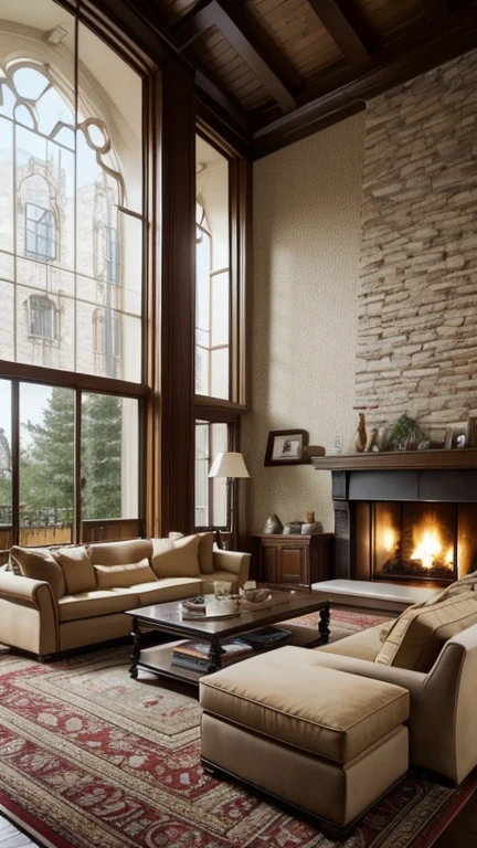Cozy exquisite lounge with beige sofas, a huge fireplace and floor-to-ceiling windows and very rich-looking room