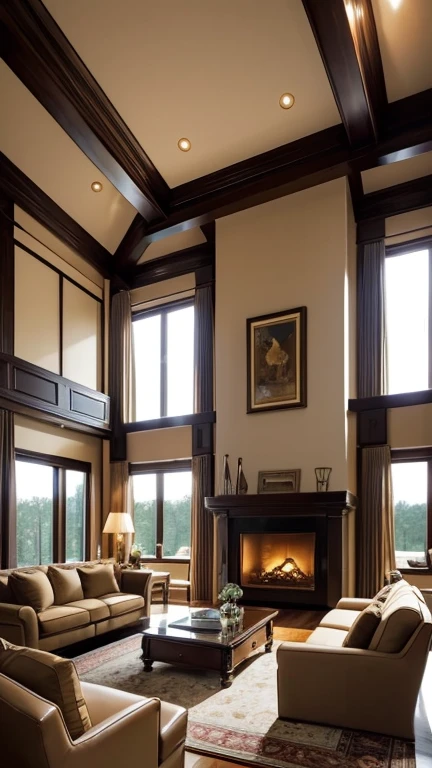 Cozy exquisite lounge with beige sofas, a huge fireplace and floor-to-ceiling windows and very rich-looking room