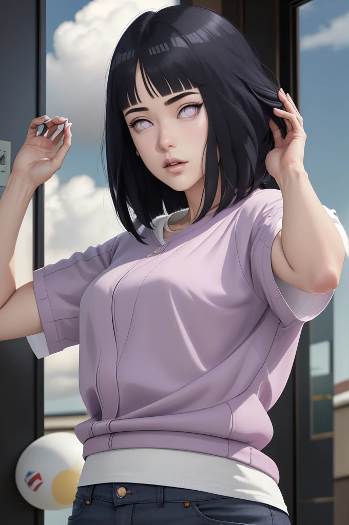 { - anatomy error} (Masterpiece - Ultra-detailed, very high resolution) , absurdos, Hinata\(Boruto\), 1girl, sozinho,Mature female, Capuz roxo,mangas em camadas, jeans, ao ar livre, Cloudy sky, perfect composition, circunstanciado lips, peito grande, beautiful face, body propotion, corar, (pink lips), cabelos pretos curto (black hair), lilac eyes, olhar suave, super realistic, circunstanciado, rosto e corpo realistas, Realistic hair, olhos realistas, nariz realista, realistic lips,  anime, reading, writing, dynamic poses, closed mouth. Different Pose.