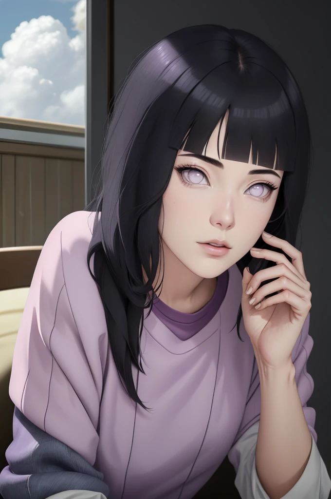 { - anatomy error} (Masterpiece - Ultra-detailed, very high resolution) , absurdos, Hinata\(Boruto\), 1girl, sozinho,Mature female, Capuz roxo,mangas em camadas, jeans, ao ar livre, Cloudy sky, perfect composition, circunstanciado lips, peito grande, beautiful face, body propotion, corar, (pink lips), cabelos pretos curto (black hair), lilac eyes, olhar suave, super realistic, circunstanciado, rosto e corpo realistas, Realistic hair, olhos realistas, nariz realista, realistic lips, anime, reading, writing, dynamic poses, closed mouth. Different Pose.