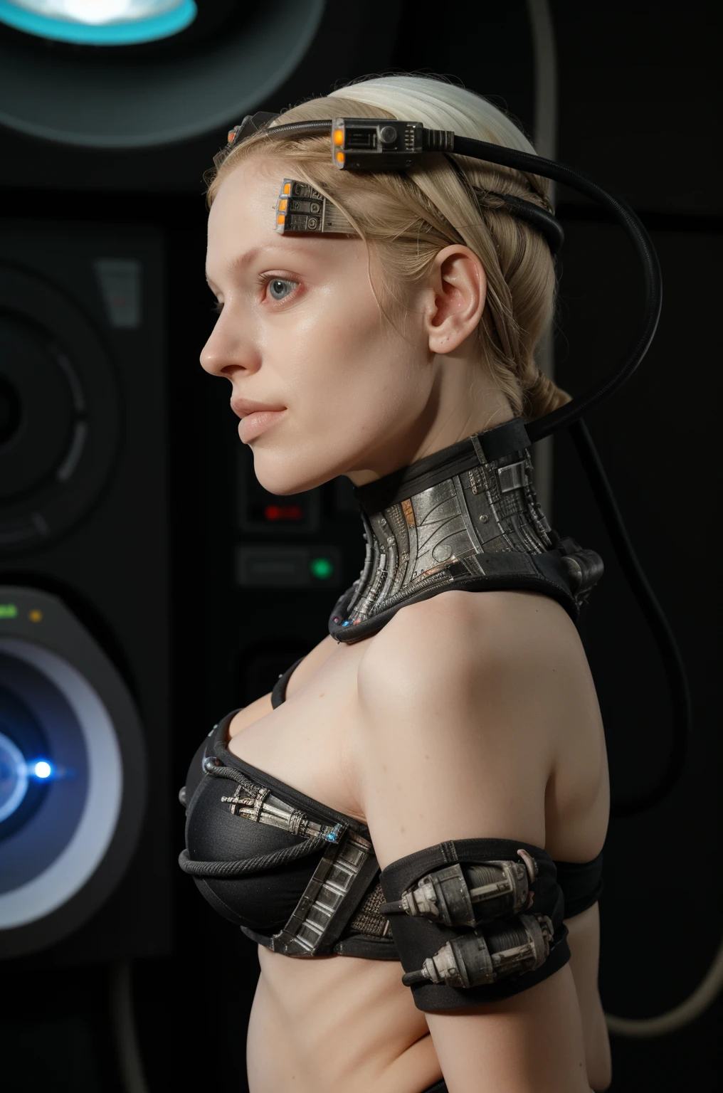 borg woman casey, 

(cable:1.4) (cybernetic:.08) (cyborg:.17) borg implants with (laser beams and led  lights:1), side view, 
(medium shot:1.4), 

borg head implants, borg ocular implant, 
 (busty:1.2), 
(revealing:1) (bikini:1), 

[(pale white:.1) (Natural:1) (skin:1.3)::8]
[[(Natural:1.1) (pale white:.9) (skin:1.3):8]::16]
[(Natural:1) (pale white:1.3) (skin:1.3):16]
 [(with:.01) (beauty_marks:.01):6], 
[(bald:.12)::1]
[[(bald:.01):1]::10], [(light blonde hair:.01):10], [albino Nordic:30],  

[young:4], 
front light, well lit, [bright:8], fit, detailed skin, in frame, 

[BREAK:6] 
[(long light blonde hair:1.4):10], [(blue eyes:.9):6], 

BREAK 
bright scifi starship background, photograph, detailed, high resolution, RAW photo, 