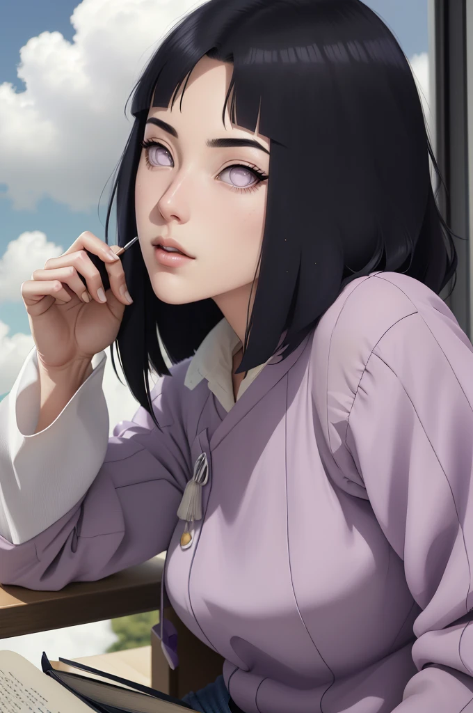 { - anatomy error} (Masterpiece - Ultra-detailed, very high resolution) , absurdos, Hinata\(Boruto\), 1girl, sozinho,Mature female, Capuz roxo,mangas em camadas, jeans, ao ar livre, Cloudy sky, perfect composition, circunstanciado lips, peito grande, beautiful face, body propotion, corar, (pink lips), cabelos pretos curto (black hair), lilac eyes, olhar suave, super realistic, circunstanciado, rosto e corpo realistas, Realistic hair, olhos realistas, nariz realista, realistic lips, anime, reading, writing, dynamic poses, closed mouth. Different Pose.