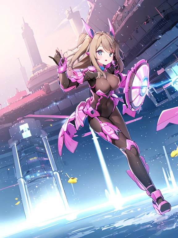 Extreme detail,masterpiece,futuristic city,girl with (energy shield):1.3,tight-fitting bodysuit,protecting herself from danger,using shield in battle,futuristic buildings,flying cars,shield growing brighter,repelling invader