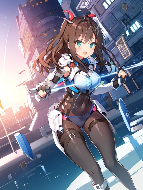 Extreme detail,masterpiece,futuristic city,girl with (energy shield):1.3,tight-fitting bodysuit,protecting herself from danger,using shield in battle,futuristic buildings,flying cars,shield growing brighter,repelling invader