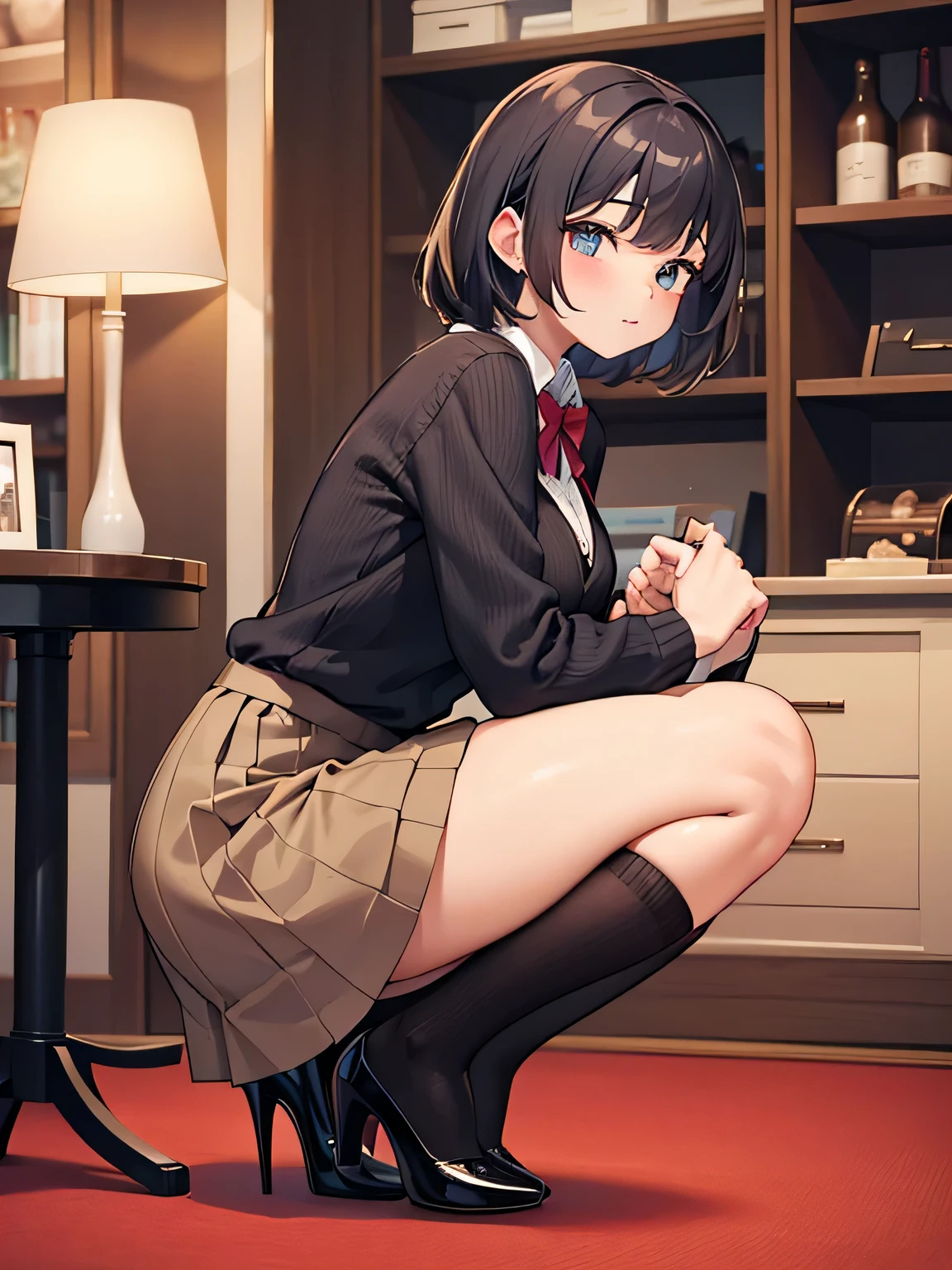 (2) That woman is pulling up her skirt all by herself..
(3) She wears a sexy knit and flared skirt and high heels。.
(4) Women don't wear stockings or socks.
(5) The place is a lingerie shop.