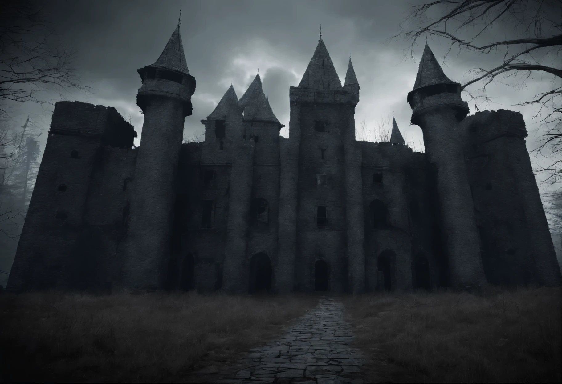 old ruined castle with many round towers and huge lattice gates, (Best Quality, 16K, Masterpiece, UHD, Ultra quality cinematic lighting, Huge detail, Well lit, 35mm, sharp, hyper realistic, epic scale, insane level of details)