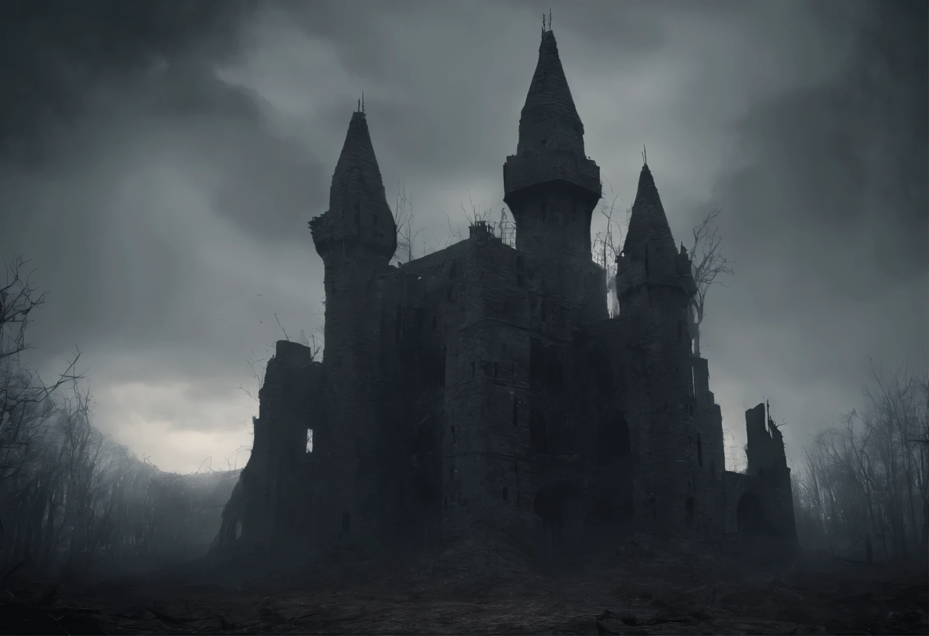 old ruined castle with many round towers and huge lattice gates, (Best Quality, 16K, Masterpiece, UHD, Ultra quality cinematic lighting, Huge detail, Well lit, 35mm, sharp, hyper realistic, epic scale, insane level of details)