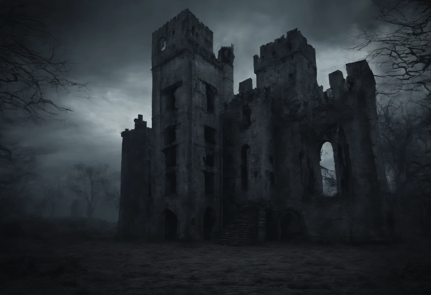 old ruined castle with many round towers and huge lattice gates, (Best Quality, 16K, Masterpiece, UHD, Ultra quality cinematic lighting, Huge detail, Well lit, 35mm, sharp, hyper realistic, epic scale, insane level of details)