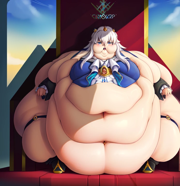 masterpiece, best quality, 1boy, neuvillette, long hair, blue hair, suit ,Pants,ascot, ((Better face and Eyes:1.7)),  background: throne room ,(high_aesthetic), fat ,((Immobile blob:1.8)), (Wide Hips:1.9), ((Thick thighs:1.6)), (Giant ass:1.8), Embarrassed,  being Surrounded by  food , Ripping Clothes:1.4)),(( fat blob body:1.5)),(( Ginormous belly :1.7)), Fat face:1.4, ((too fat for the Throne :1.8))