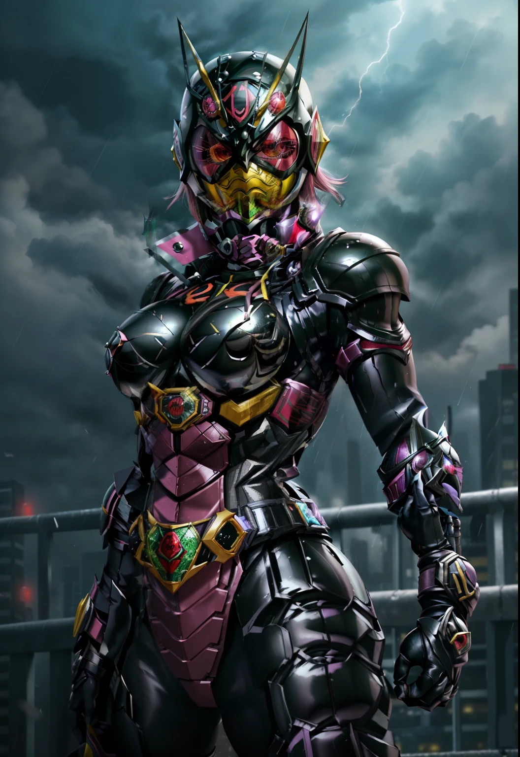 Masterpiece, Highest quality, ultra detailed, ultra realistic, illustration, black leotard, magenta scarf, Mask, helmet, Tokusatsu, belt, Crimson combat uniform, very large breast, Grasshopper mask, Solo, full bodyesbian, comming, woman mask rider