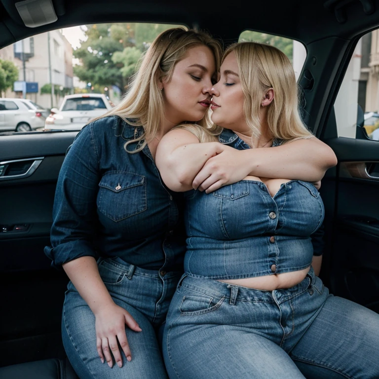 Chubby bbw thic fat blonde woman, blonde hair, wearing blue jeans and black blouse, sitting in the car, boyfriend hugging from behind,kissing with boyfriend, couple, romantic, love