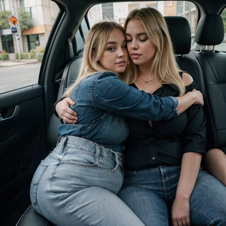 Chubby bbw thic fat blonde woman, blonde hair, wearing blue jeans and black blouse, sitting in the car, boyfriend hugging from behind,kissing with boyfriend, couple, romantic, love