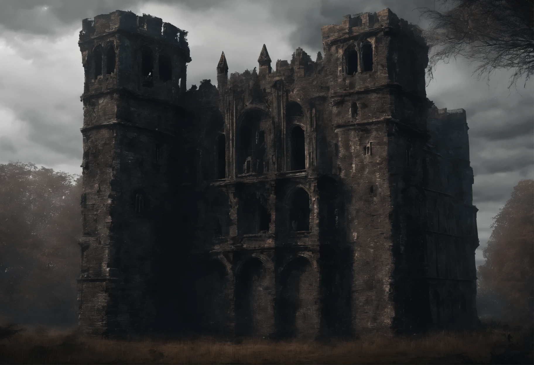 old ruined castle with many round towers and huge lattice gates, (Best Quality, 16K, Masterpiece, UHD, Ultra quality cinematic lighting, Huge detail, Well lit, 35mm, sharp, hyper realistic, epic scale, insane level of details)