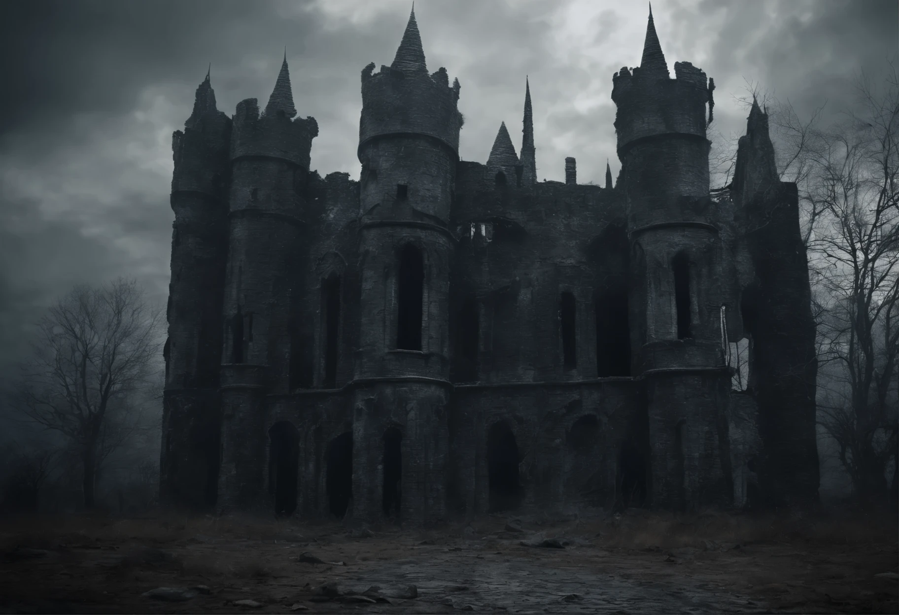 old ruined castle with many round towers and huge lattice gates, (Best Quality, 16K, Masterpiece, UHD, Ultra quality cinematic lighting, Huge detail, Well lit, 35mm, sharp, hyper realistic, epic scale, insane level of details)