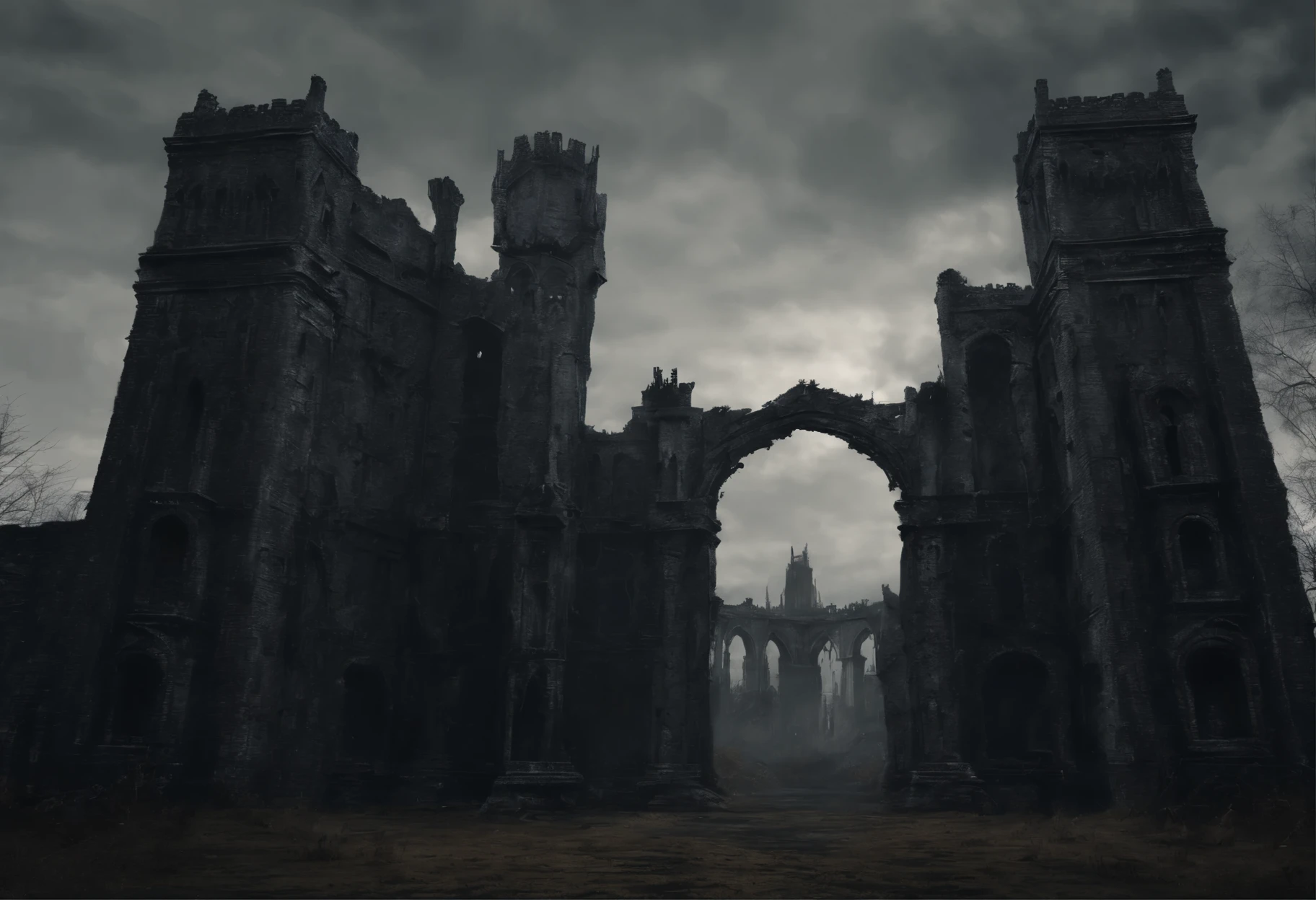 old ruined castle with many round towers and huge lattice gates, (Best Quality, 16K, Masterpiece, UHD, Ultra quality cinematic lighting, Huge detail, Well lit, 35mm, sharp, hyper realistic, epic scale, insane level of details)