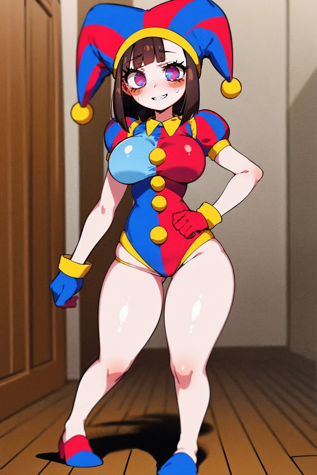 1girl, solo, indoors, full body, standing, smile, pomni, multicolored clothes, jester cap, puffy short sleeves, gloves, buttons, colored skin, symbol-shaped pupils, red eyes, blue eyes, huge breast, curvy, large pants, flipflops