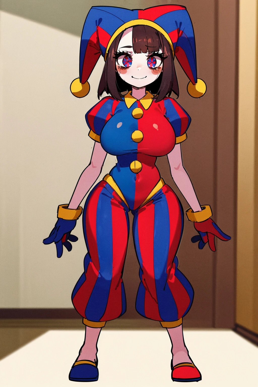1girl, solo, indoors, full body, standing, smile, pomni, multicolored clothes, jester cap, puffy short sleeves, gloves, buttons, colored skin, symbol-shaped pupils, red eyes, blue eyes, huge breast, curvy, large pants, flipflops