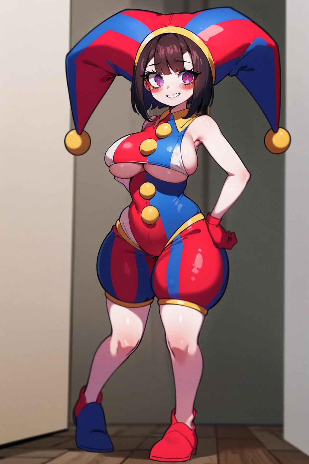 1girl, solo, indoors, full body, standing, smile, pomni, multicolored clothes, jester cap, puffy short sleeves, gloves, buttons, colored skin, symbol-shaped pupils, red eyes, blue eyes, huge breast, curvy, large pants, flipflops
