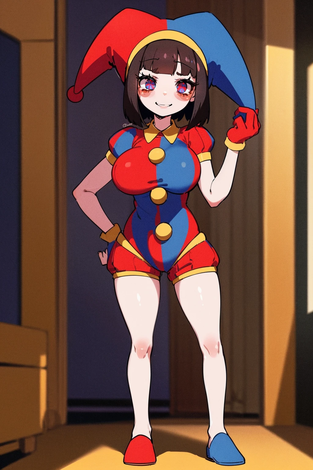 1girl, solo, indoors, full body, standing, smile, pomni, multicolored clothes, jester cap, puffy short sleeves, gloves, buttons, colored skin, symbol-shaped pupils, red eyes, blue eyes, huge breast, curvy, large pants, flipflops