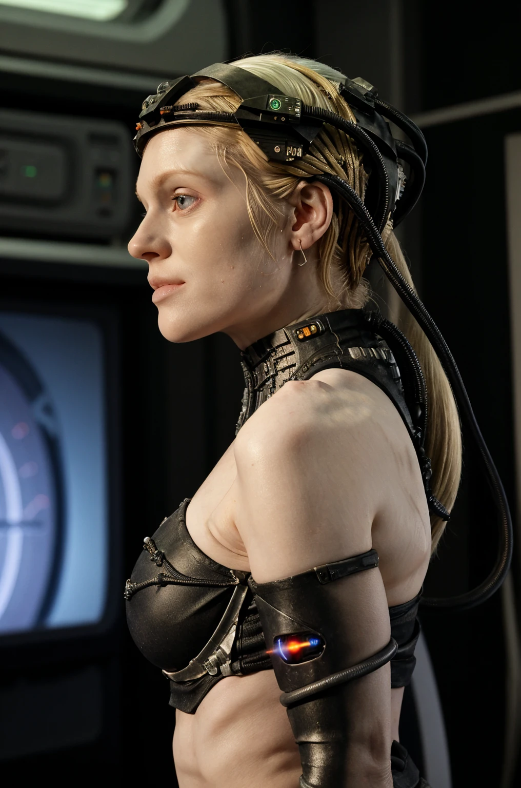 borg woman casey, 

(cable:1.4) (cybernetic:.08) (cyborg:.17) borg implants with (laser beams and led  lights:1), side view, 
(medium shot:1.4), 

borg head implants, borg ocular implant, 
 (busty:1.2), 
(revealing:1) (bikini:1), 

[(pale white:.1) (Natural:1) (skin:1.3)::8]
[[(Natural:1.1) (pale white:.9) (skin:1.3):8]::16]
[(Natural:1) (pale white:1.3) (skin:1.3):16]
 [(with:.01) (beauty_marks:.01):6], 
[(bald:.12)::1]
[[(bald:.01):1]::10], [(light blonde hair:.01):10], [albino Nordic:30],  

[young:4], 
front light, well lit, [bright:8], fit, detailed skin, in frame, 

[BREAK:6] 
[(long light blonde hair:1.4):10], [(blue eyes:.9):6], 

BREAK 
bright scifi starship background, photograph, detailed, high resolution, RAW photo, 